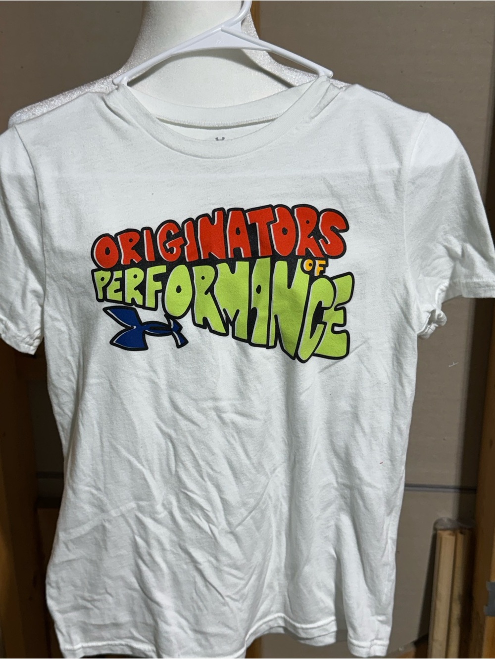 Under Armour White Tee with Orange, Neon Green & Blue Graphic